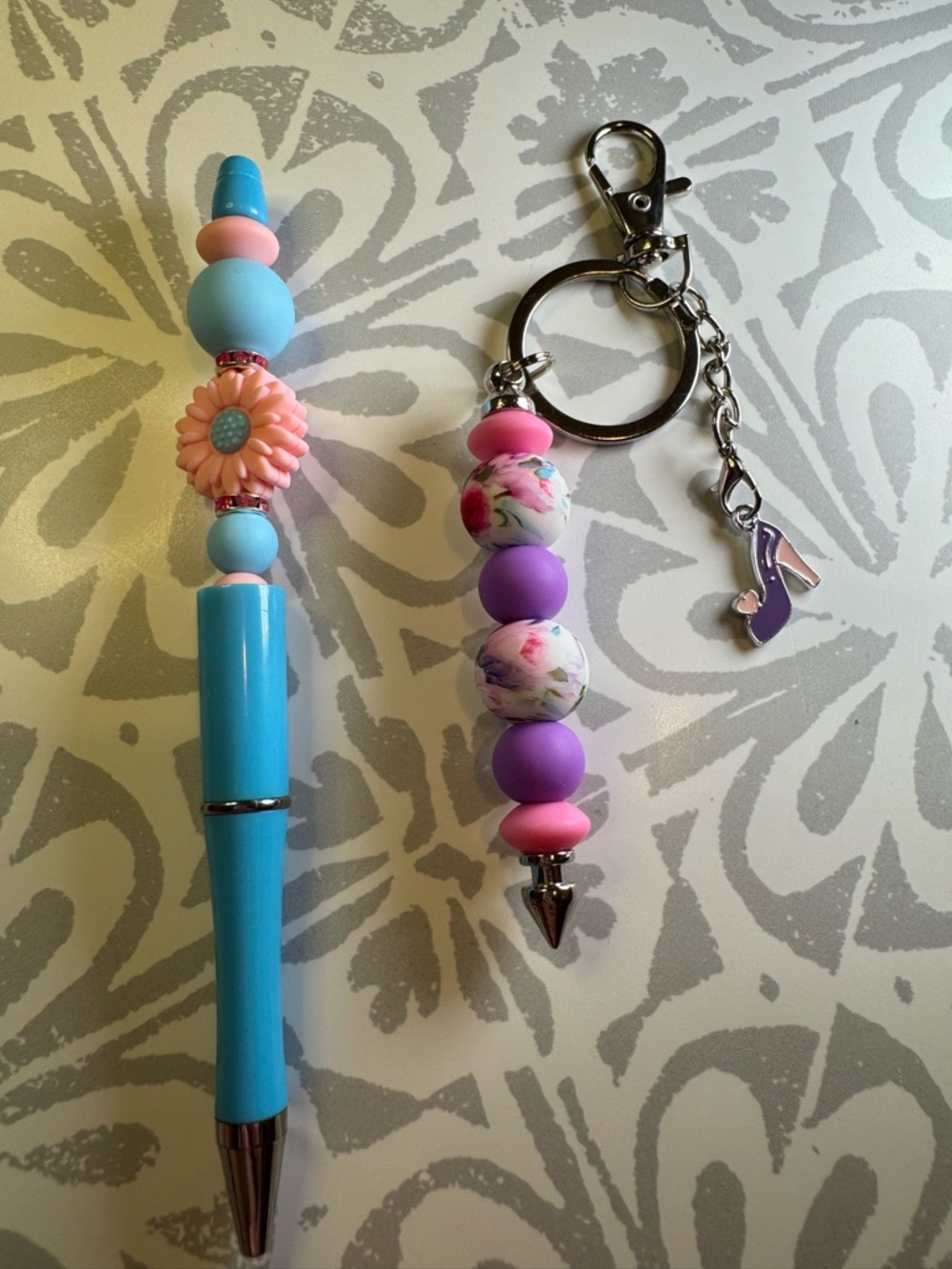 Pink & Blue Beaded Pen and Keychain Set - Women Accessories